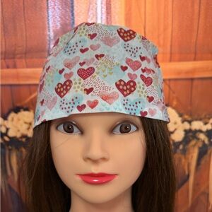 Handmade Blue Print Scrub Cap/ Nurse Hat with Hearts Scattered Throughout.
